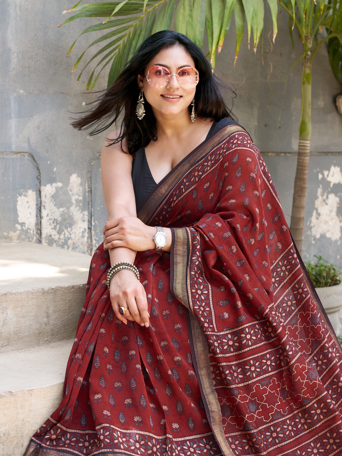Chanderi Cotton Silk Ajrakh Hand Block Printed Saree