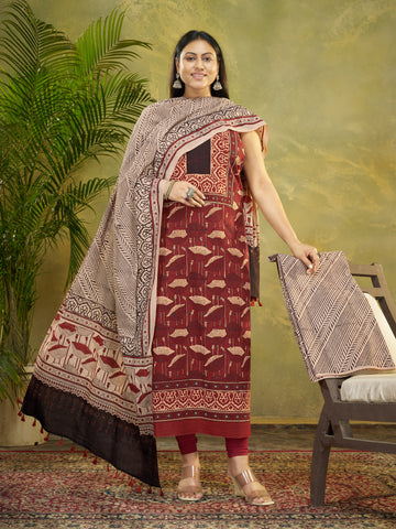 Maroon Red Hand Block Ajrakh Print Natural Dyed Cotton 3pc Unstitched Dress Material