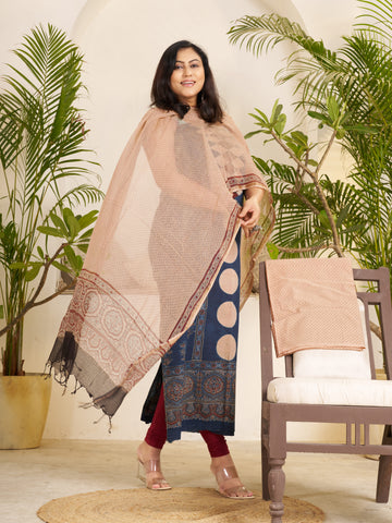 Blue-hand Block Ajrakh Print Natural Dyed Cotton 3pc Unstitched Dress Material with kota doria dupatta