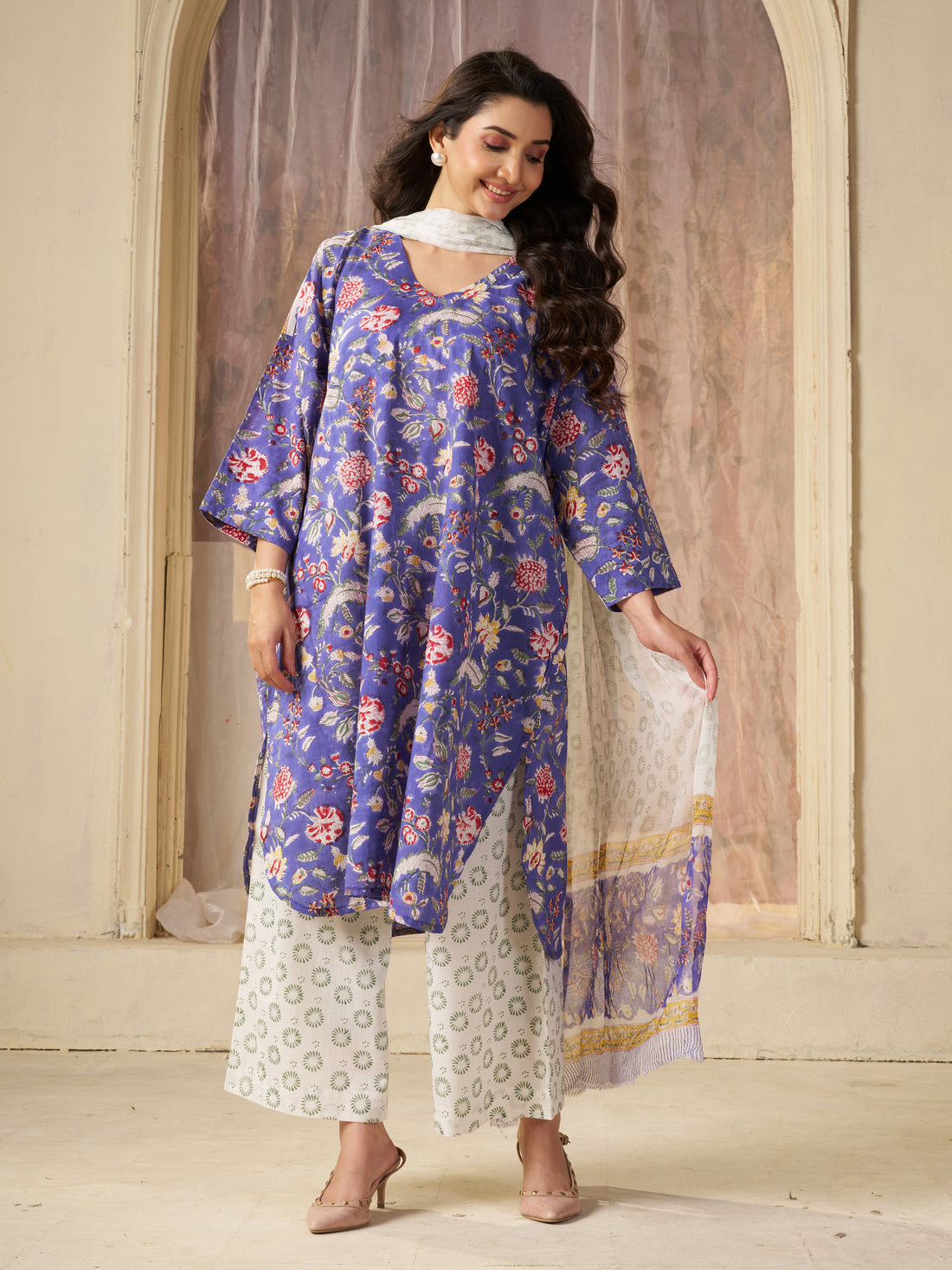 Purple Jaipuri-printed Pure Cotton Stitched 3-Piece Kurta Set