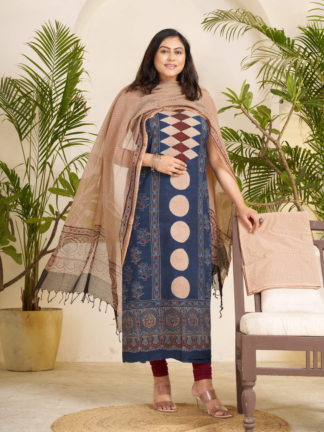 Blue-hand Block Ajrakh Print Natural Dyed Cotton 3pc Unstitched Dress Material with kota doria dupatta