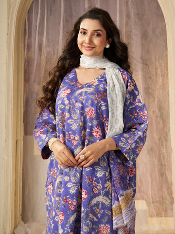 Purple Jaipuri-printed Pure Cotton Stitched 3-Piece Kurta Set