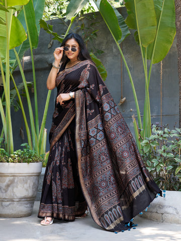 Chanderi Cotton Silk Ajrakh Hand Block Printed Saree