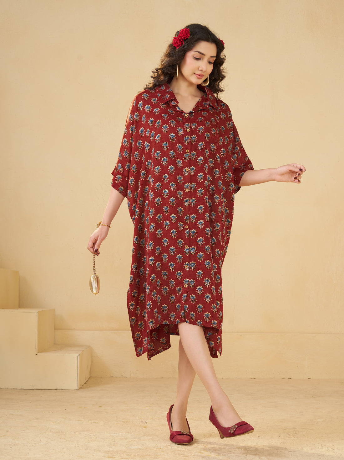 Red Floral butta print Oversized Long Shirt Dress