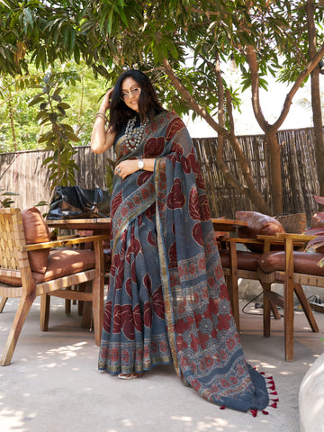 Ajrakh Kota Doria Saree (block printed using natural dyes)