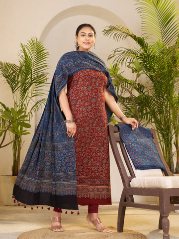 Red-hand Block Ajrakh Print Natural Dyed Cotton 3pc Unstitched Dress Material