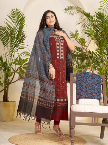 Red-hand Block Ajrakh Print Natural Dyed Cotton 3pc Unstitched Dress Material with kota doria dupatta
