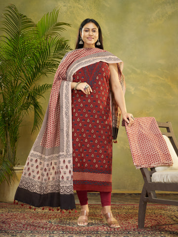 Rust Red Hand Block Ajrakh Print Natural Dyed Cotton 3pc Unstitched Dress Material