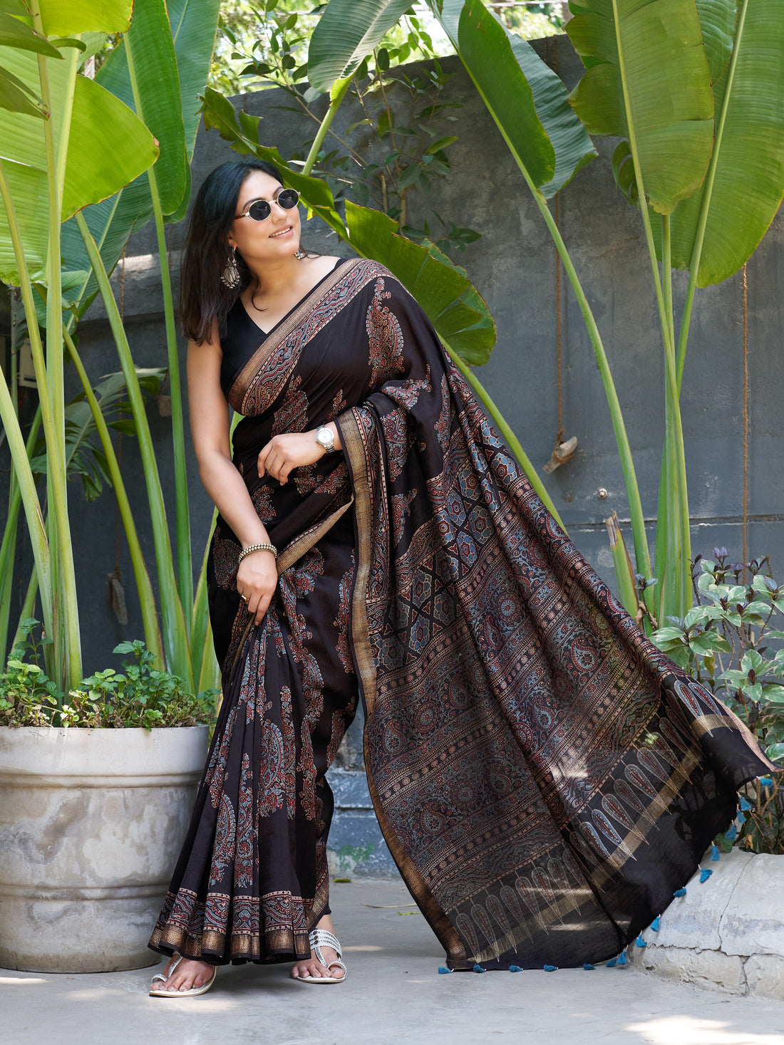 Chanderi Cotton Silk Ajrakh Hand Block Printed Saree