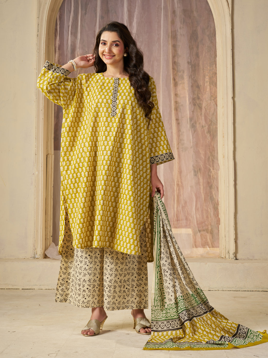 Yellow Jaipuri-printed Pure Cotton Stitched 3-Piece Kurta Set