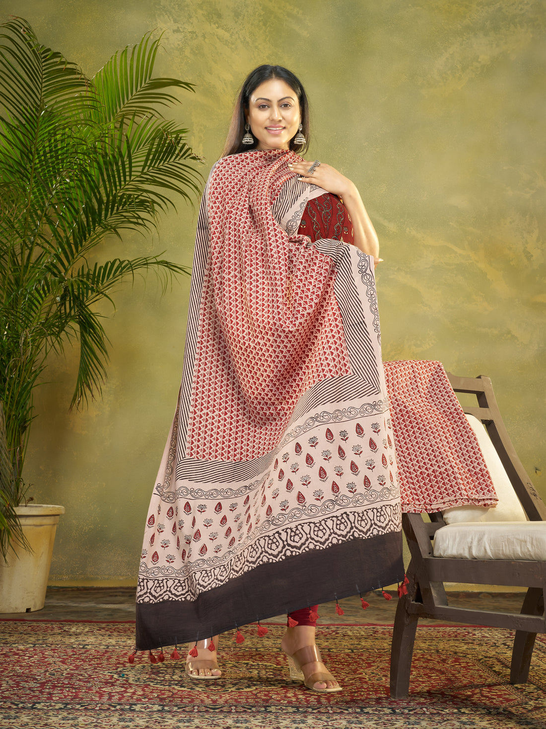 Rust Red Hand Block Ajrakh Print Natural Dyed Cotton 3pc Unstitched Dress Material