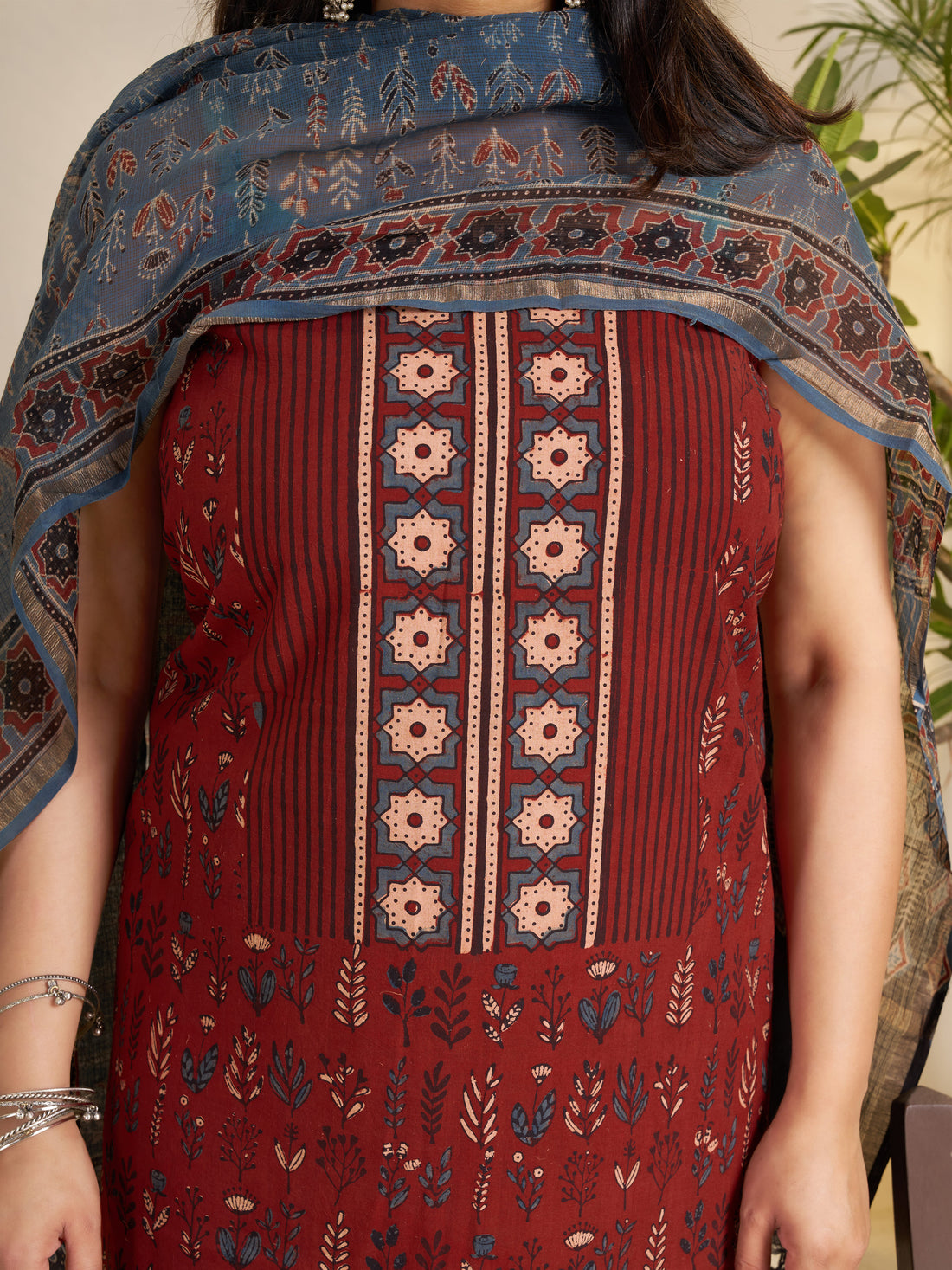 Red-hand Block Ajrakh Print Natural Dyed Cotton 3pc Unstitched Dress Material with kota doria dupatta