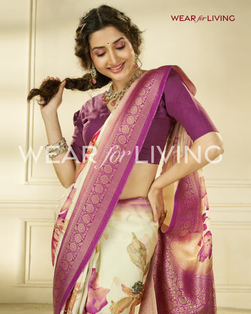 TUSSAR PURE VISCOSE SILK FLORAL PRINT SAREE