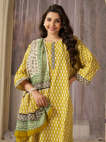 Yellow Jaipuri-printed Pure Cotton Stitched 3-Piece Kurta Set