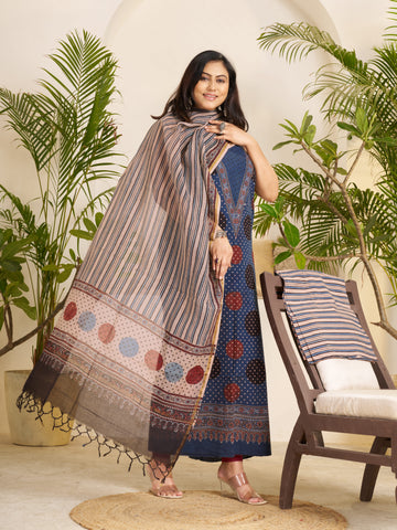 Blue-hand Block Ajrakh Print Natural Dyed Cotton 3pc Unstitched Dress Material with kota doria dupatta