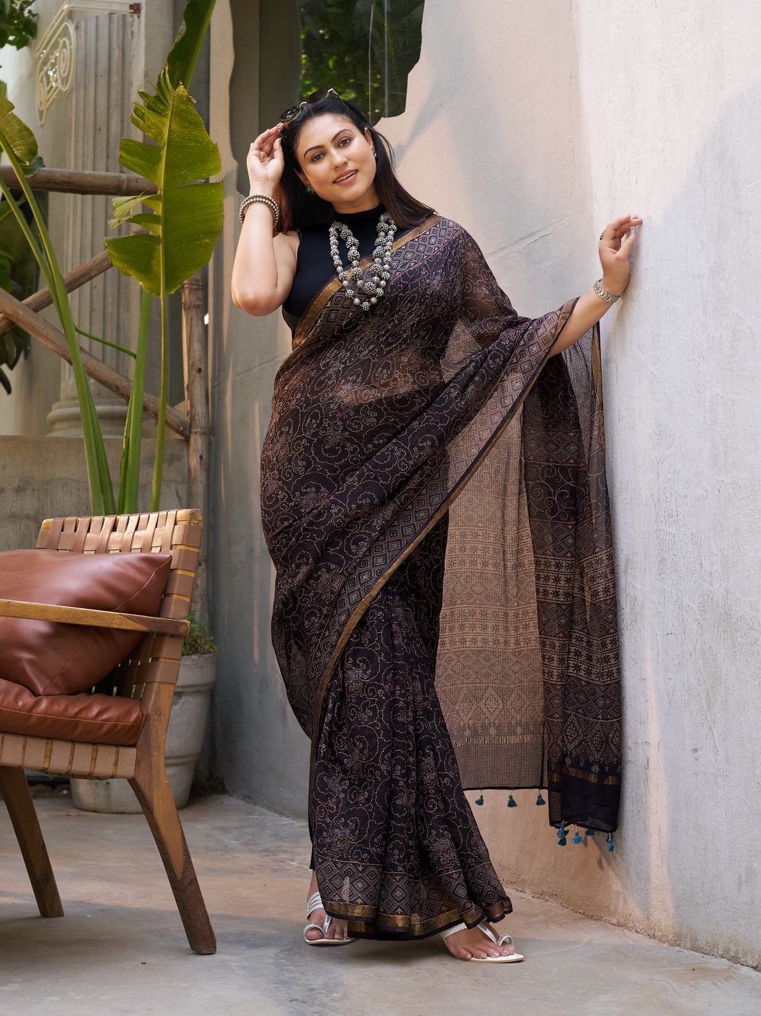 Ajrakh Kota Doria Saree (block printed using natural dyes)