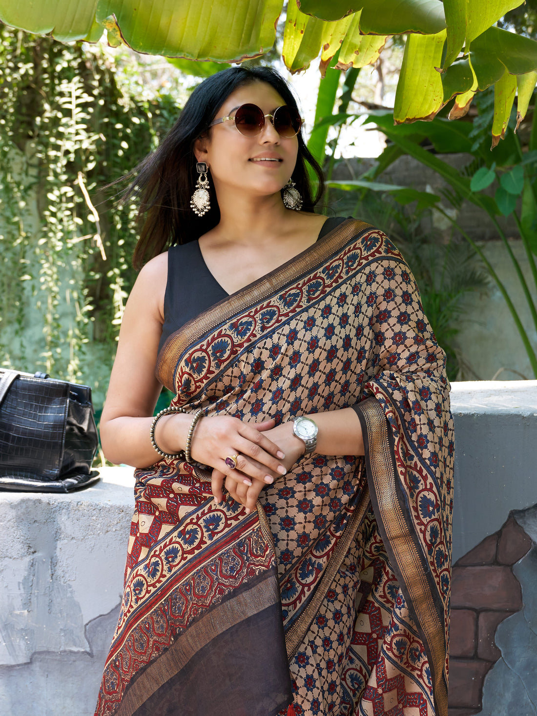 Chanderi Cotton Silk Ajrakh Hand Block Printed Saree