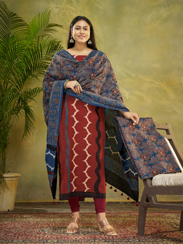 Indigo Blue & Rust Red  Hand Block Ajrakh Print Natural Dyed Cotton 3pc Unstitched Dress Material
