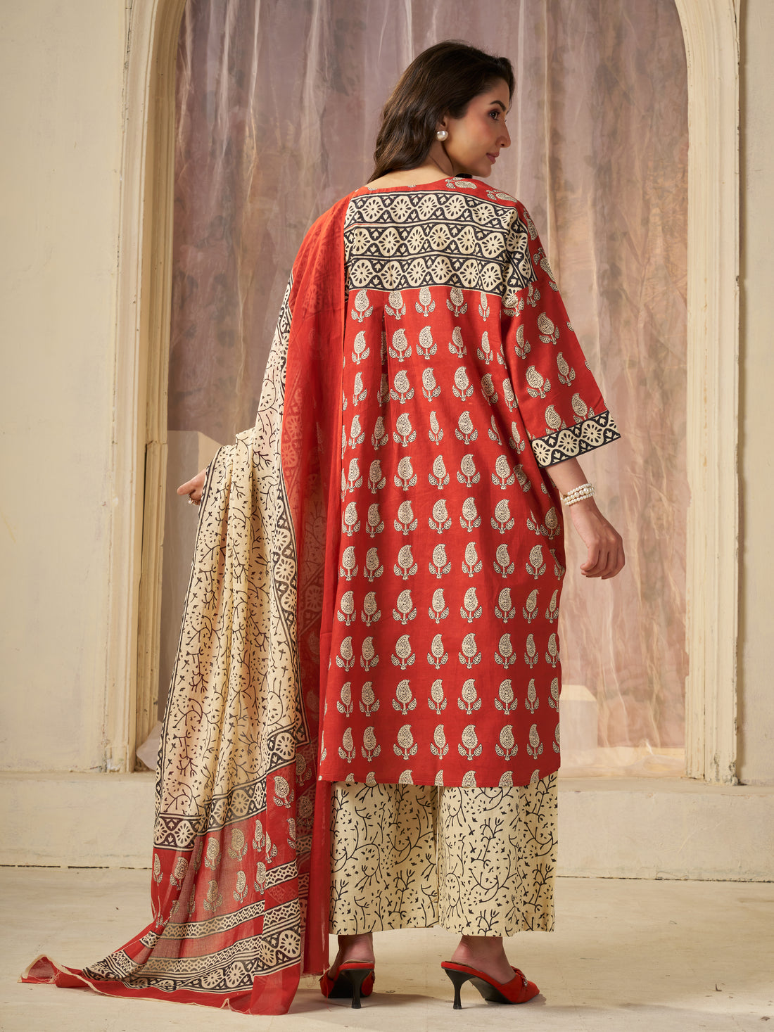 Red Jaipuri-printed Pure Cotton Stitched 3-Piece Kurta Set