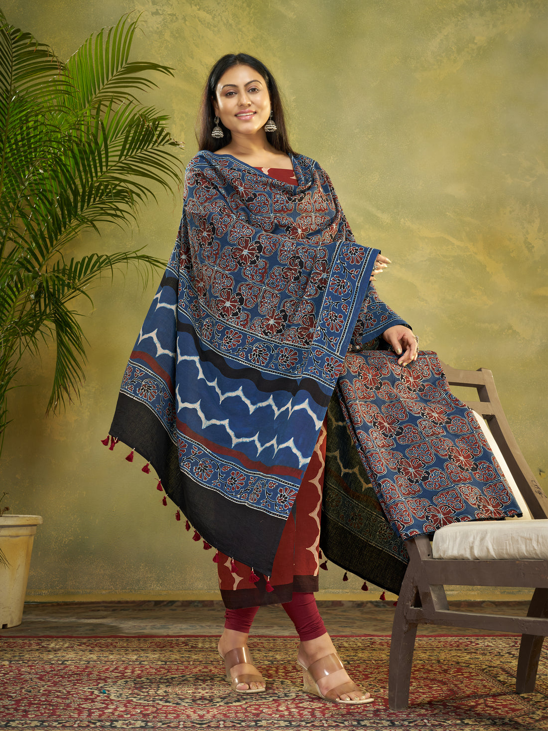 Indigo Blue & Rust Red  Hand Block Ajrakh Print Natural Dyed Cotton 3pc Unstitched Dress Material