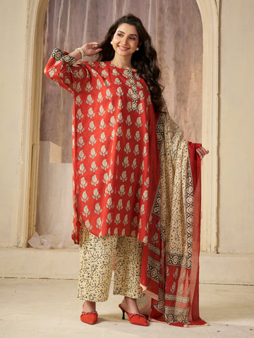 Red Jaipuri-printed Pure Cotton Stitched 3-Piece Kurta Set