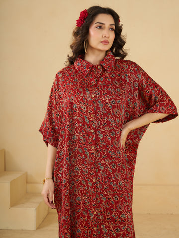 Red Ajrakh print Oversized Long Shirt Dress