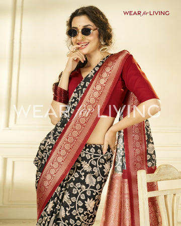 TUSSAR PURE VISCOSE SILK KALAMKARI PRINT SAREE