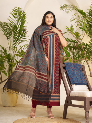 Red-hand Block Ajrakh Print Natural Dyed Cotton 3pc Unstitched Dress Material with kota doria dupatta