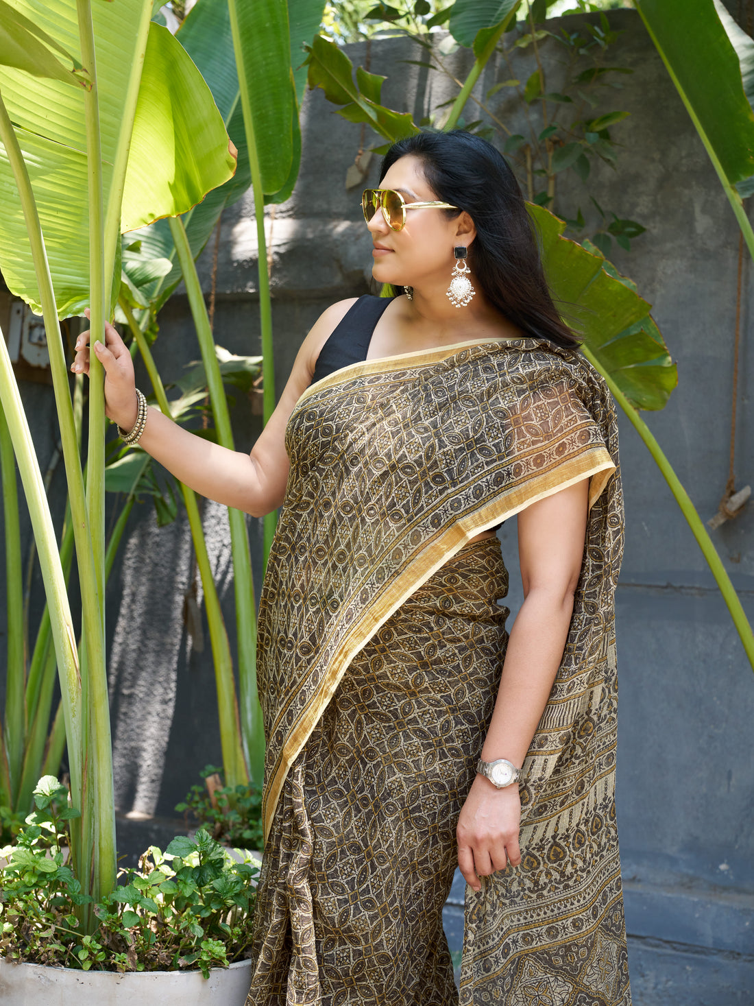 Ajrakh Kota Doria Saree (block printed using natural dyes)