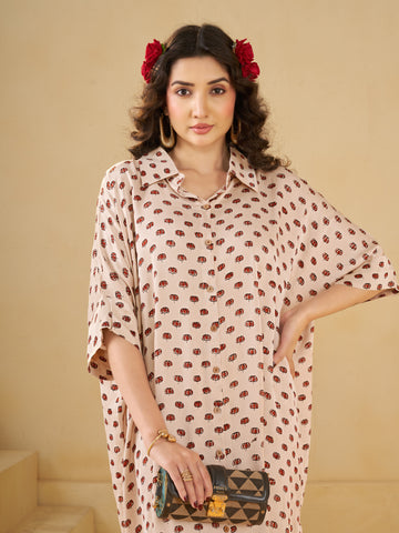 Cream Lotus print Oversized Long Shirt Dress