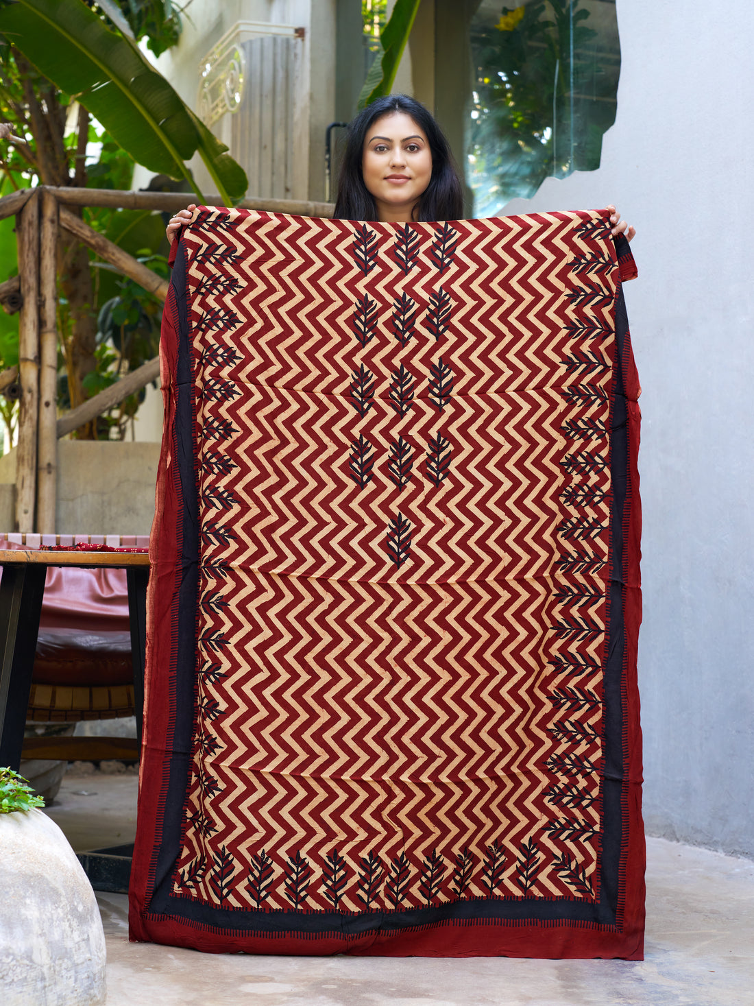 Red-block Ajrakh print crepe kaftan material