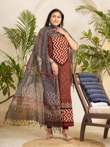 Red-hand Block Ajrakh Print Natural Dyed Cotton 3pc Unstitched Dress Material with kota doria dupatta