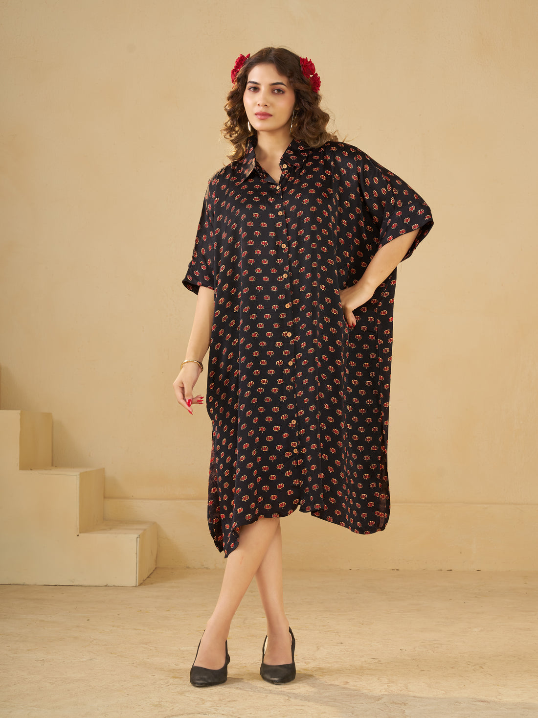 Black Lotus print Oversized Long Shirt Dress