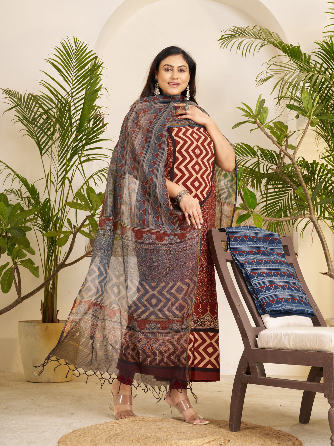 Red-hand Block Ajrakh Print Natural Dyed Cotton 3pc Unstitched Dress Material with kota doria dupatta