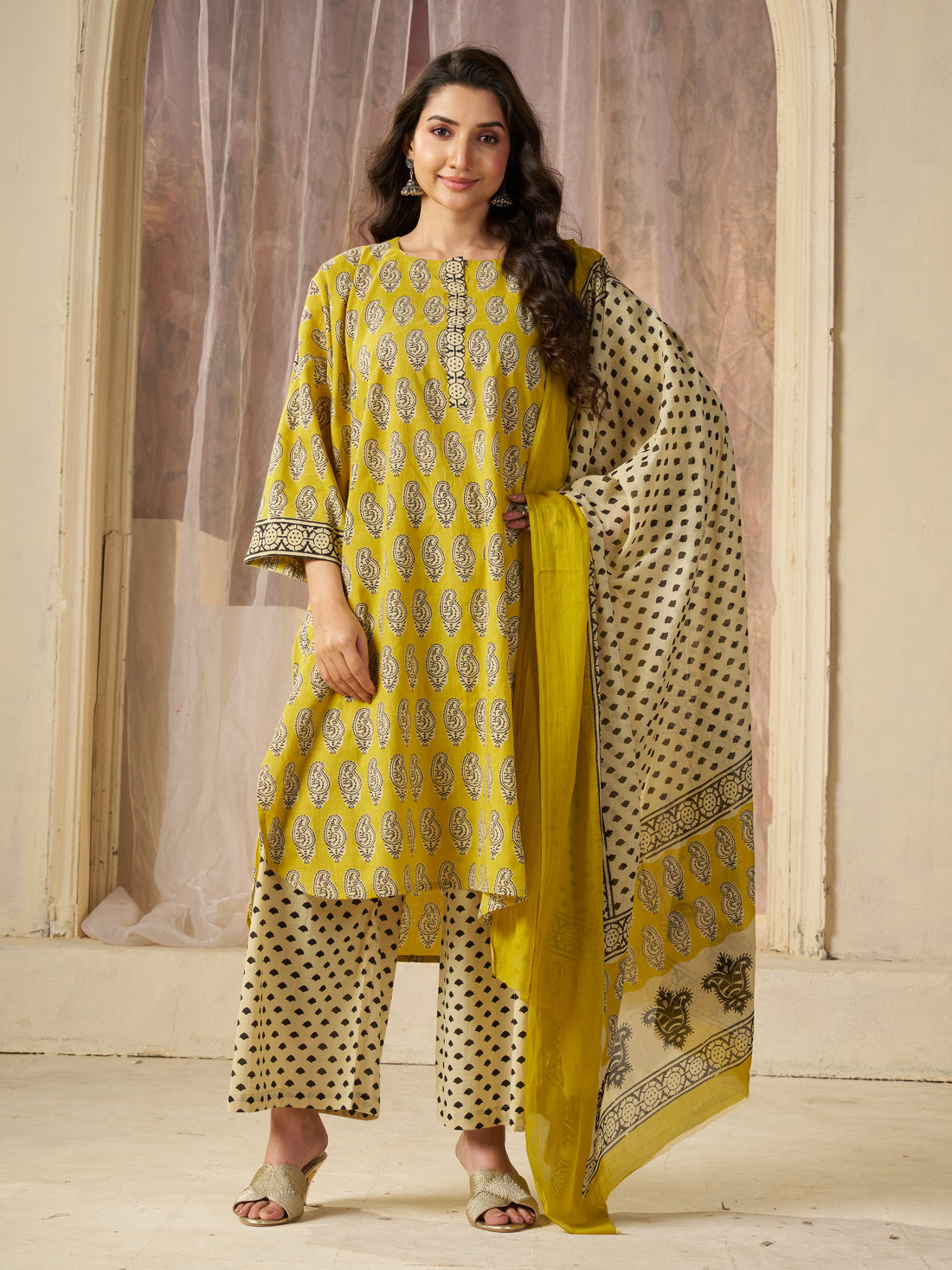 Yellow Jaipuri-printed Pure Cotton Stitched 3-Piece Kurta Set