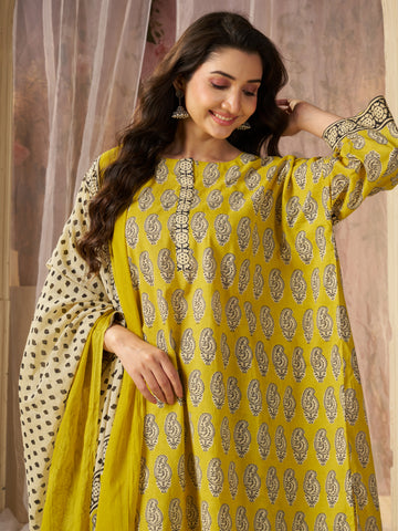 Yellow Jaipuri-printed Pure Cotton Stitched 3-Piece Kurta Set