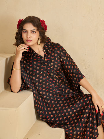 Black Lotus print Oversized Long Shirt Dress