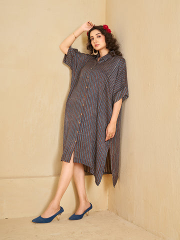 Red & blue stripes Oversized Long Shirt Dress