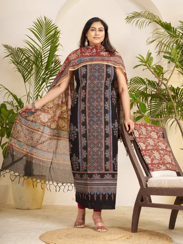 Black-hand Block Ajrakh Print Natural Dyed Cotton 3pc Unstitched Dress Material with kota doria dupatta