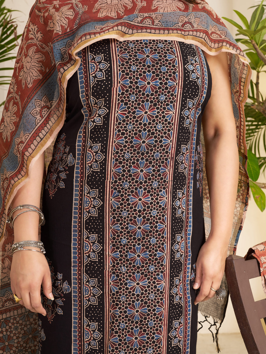 Black-hand Block Ajrakh Print Natural Dyed Cotton 3pc Unstitched Dress Material with kota doria dupatta