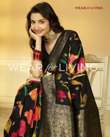 TUSSAR PURE VISCOSE SILK FLORAL PRINT SAREE