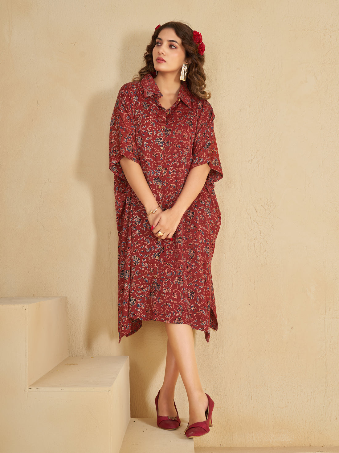 Red Ajrakh print Oversized Long Shirt Dress