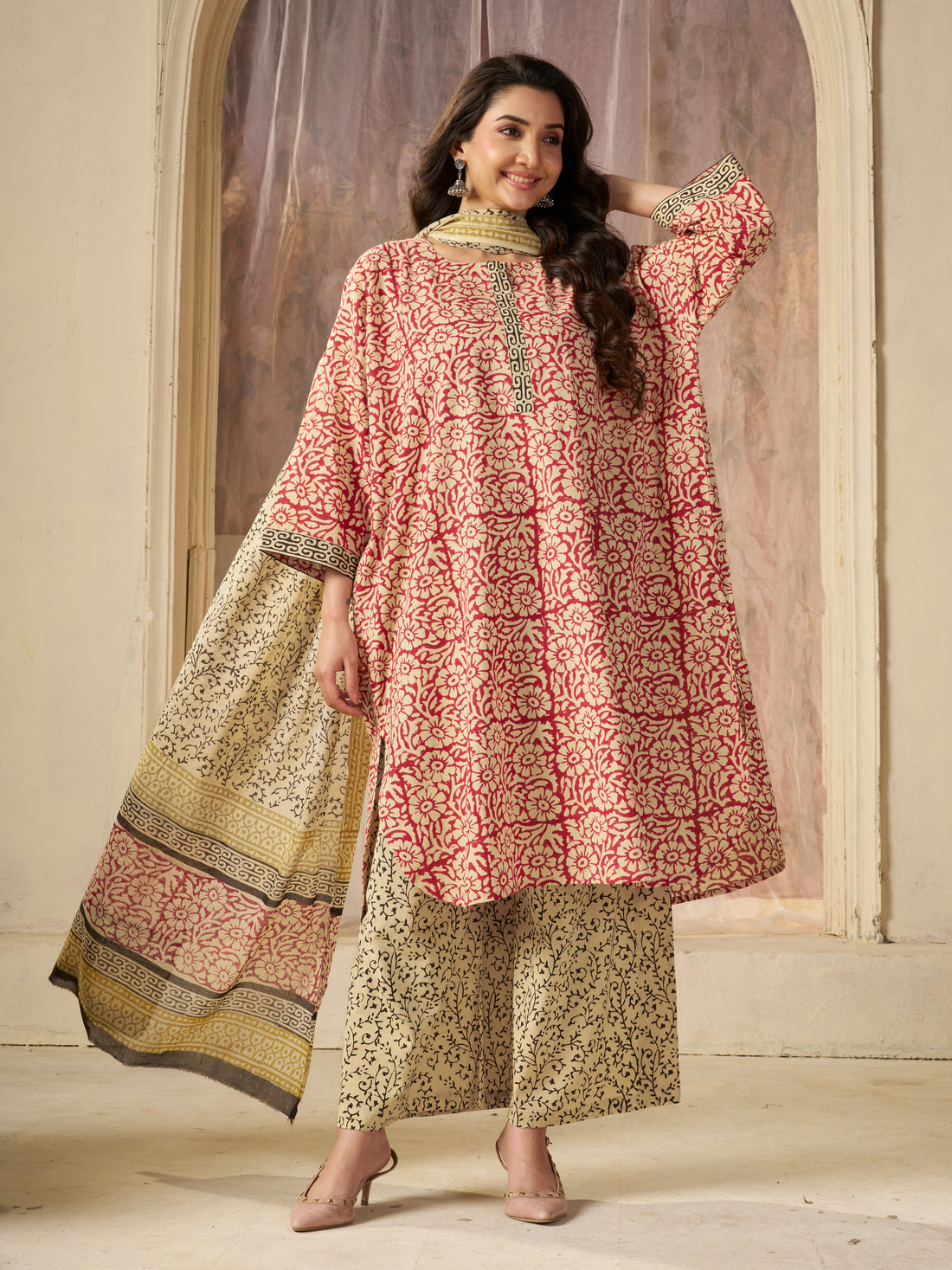 Red Jaipuri-printed Pure Cotton Stitched 3-Piece Kurta Set