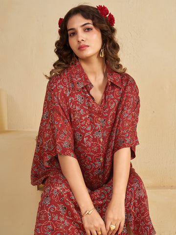 Red Ajrakh print Oversized Long Shirt Dress