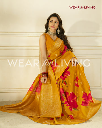 TUSSAR PURE VISCOSE SILK FLORAL PRINT SAREE