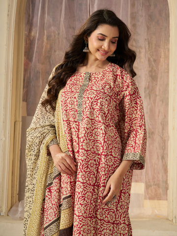 Red Jaipuri-printed Pure Cotton Stitched 3-Piece Kurta Set