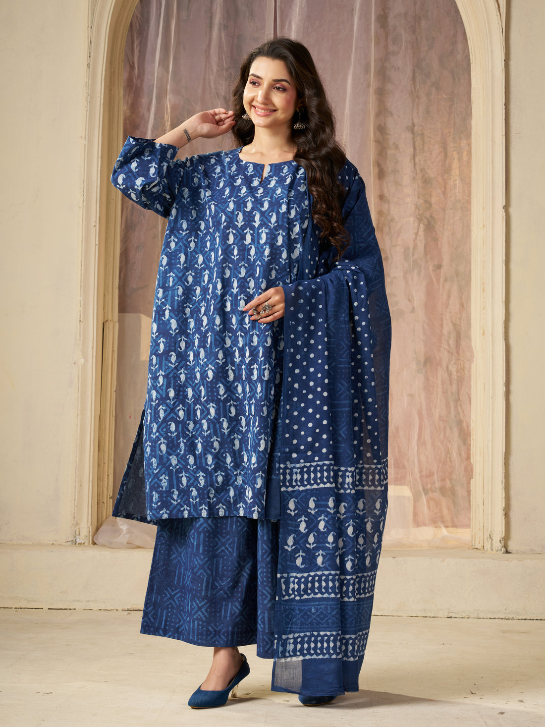 Indigo Jaipuri-printed Pure Cotton Stitched 3-Piece Kurta Set