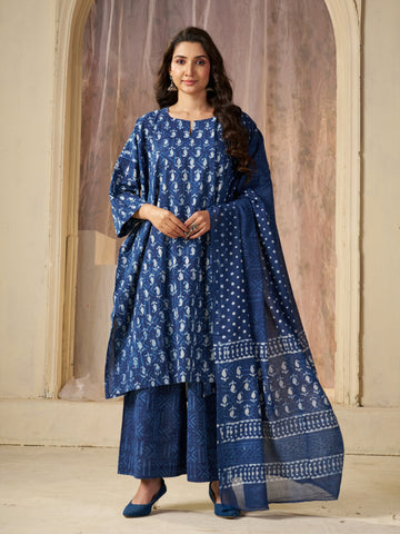 Indigo Jaipuri-printed Pure Cotton Stitched 3-Piece Kurta Set