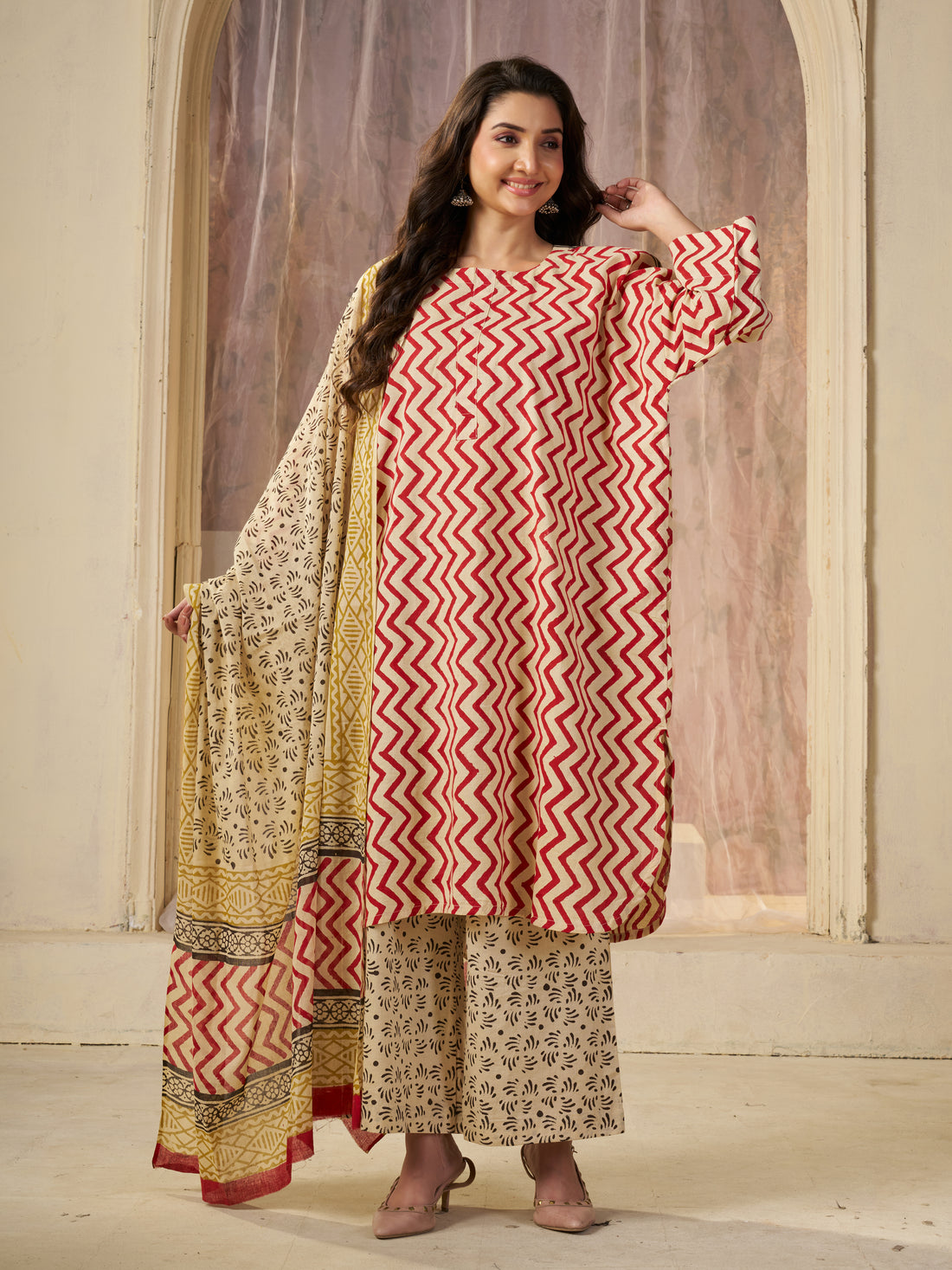 Red Jaipuri-printed Pure Cotton Stitched 3-Piece Kurta Set