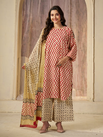 Red Jaipuri-printed Pure Cotton Stitched 3-Piece Kurta Set